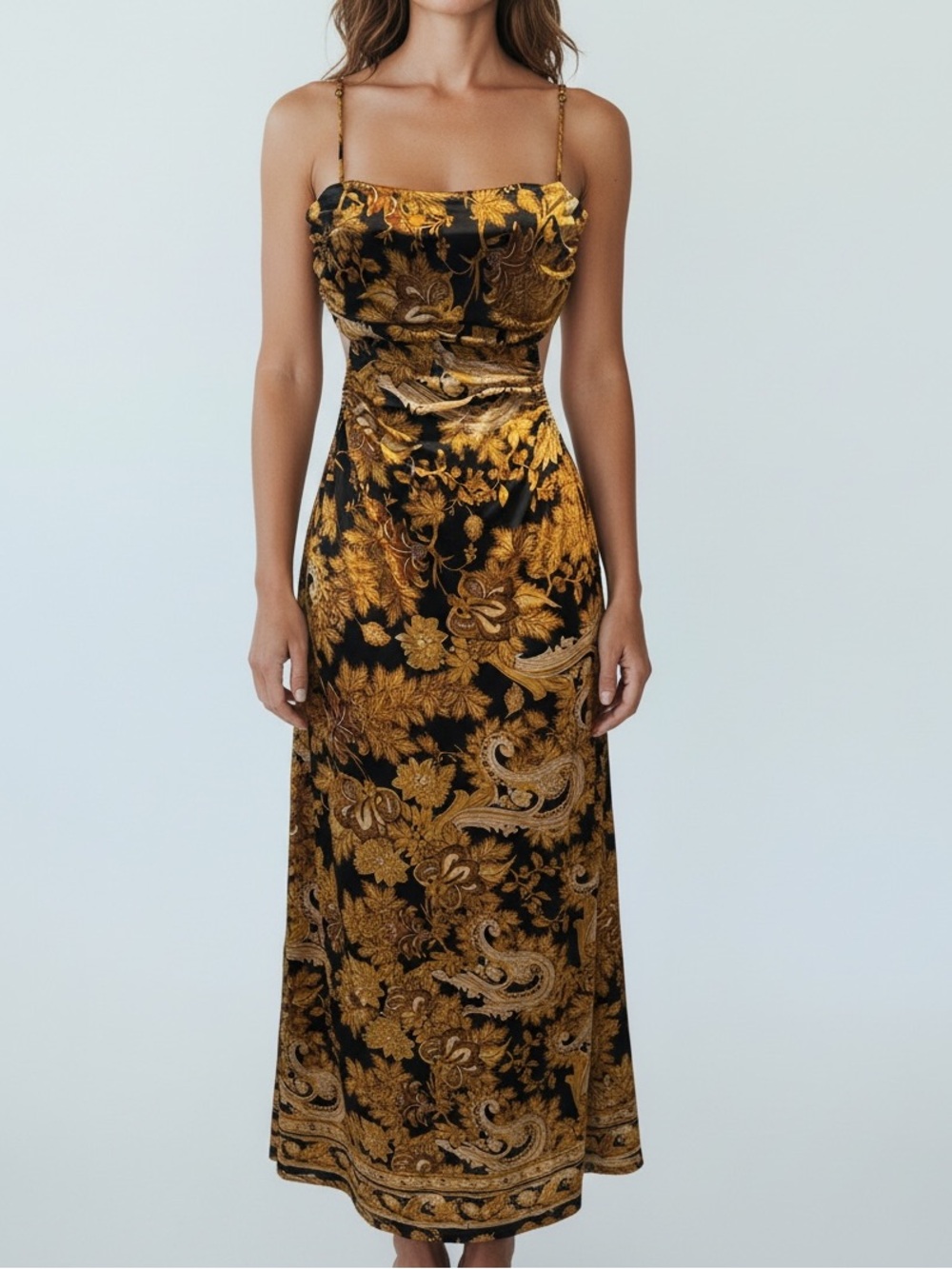 Black and Gold Baroque Maxi Dress with Spaghetti Straps